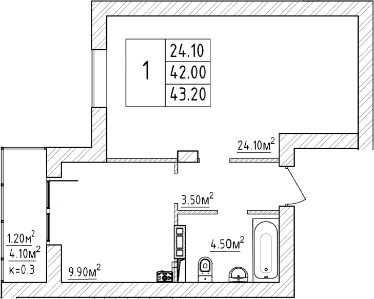 Планировка однокомнатная 43.2 м² в ЖК «Куралева, 13», корпус 1