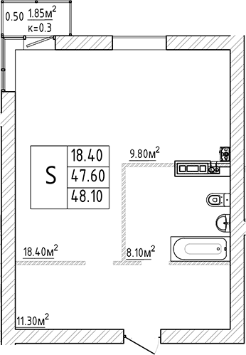 Планировка Студии 48.1 м² в ЖК «Куралева, 13», корпус 1