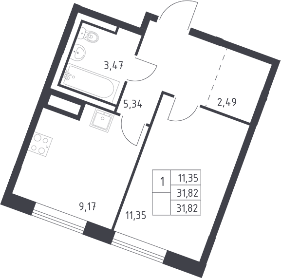 Планировка однокомнатная 31.82 м² в ЖК «Квартал Лаголово», корпус 1