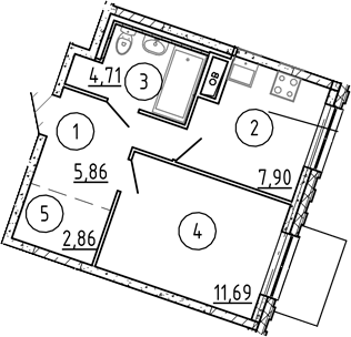 Планировка однокомнатная 33.02 м² в ЖК «Квартал Лаголово», корпус 4