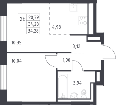 Планировка евродвушка (2Е) 34.28 м² в ЖК «Квартал Лаголово», корпус 1