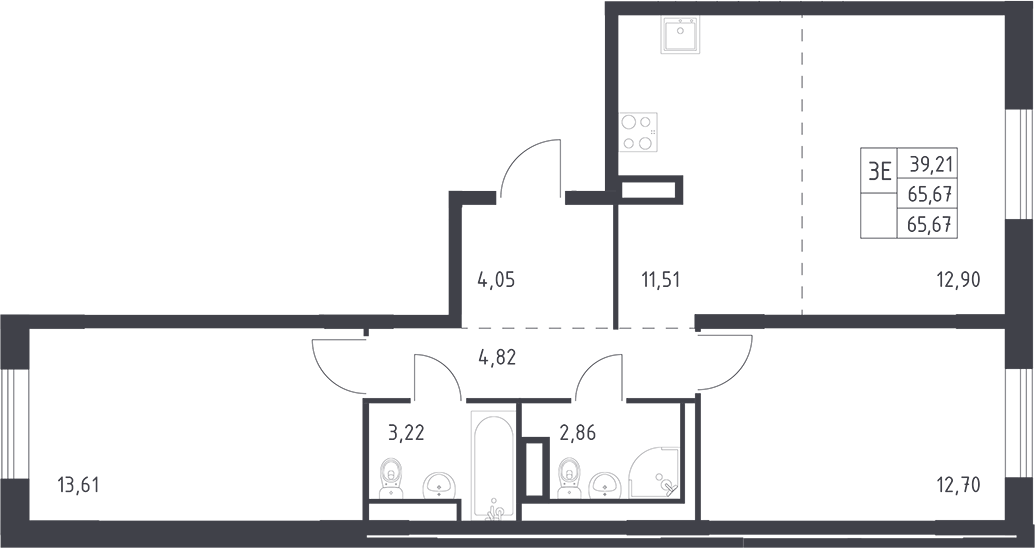 Планировка евротрёшка (3Е) 65.67 м² в ЖК «Квартал Лаголово», корпус 1