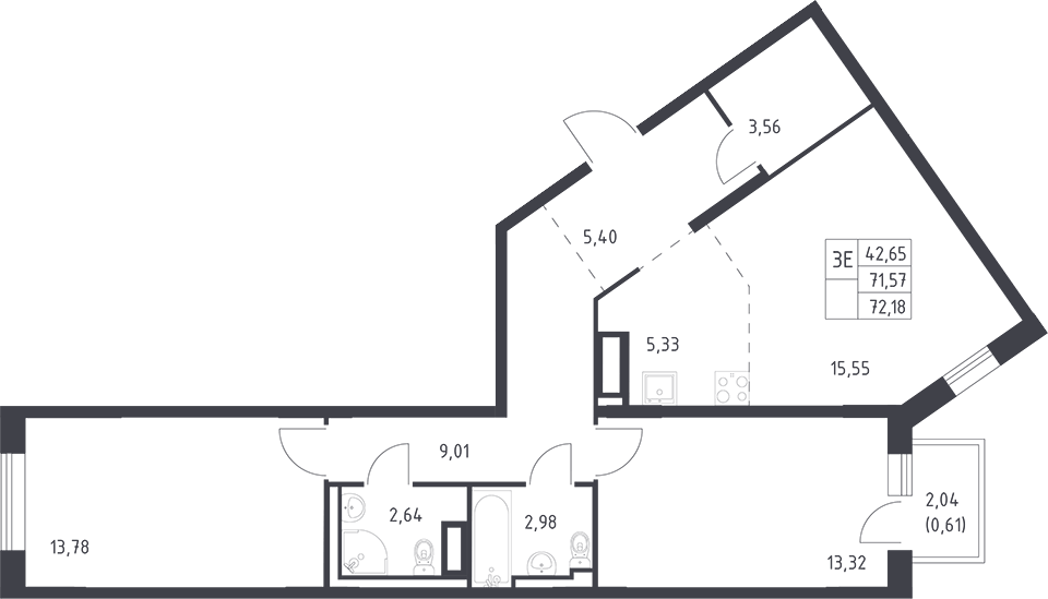 Планировка евротрёшка (3Е) 72.18 м² в ЖК «Квартал Лаголово», корпус 1