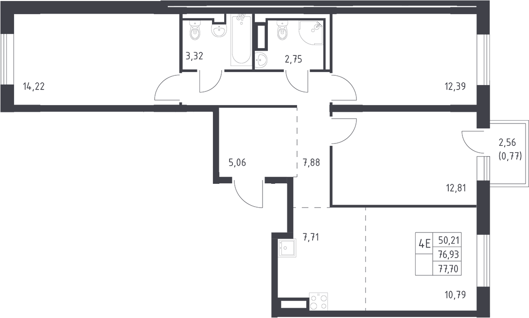 Планировка евро-4 (4Е) 77.7 м² в ЖК «Квартал Лаголово», корпус 1