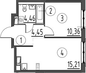 Планировка однокомнатная 34.48 м² в ЖК «Квартал Торики», корпус 1.1