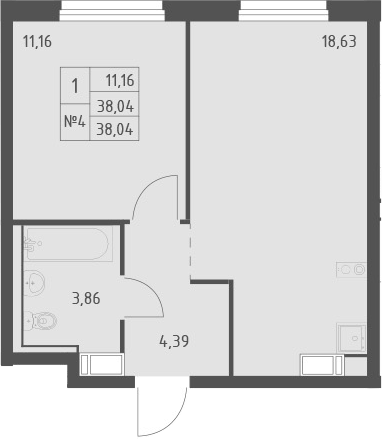 Планировка евродвушка (2Е) 38.04 м² в ЖК «Квартал Торики», корпус 1.2