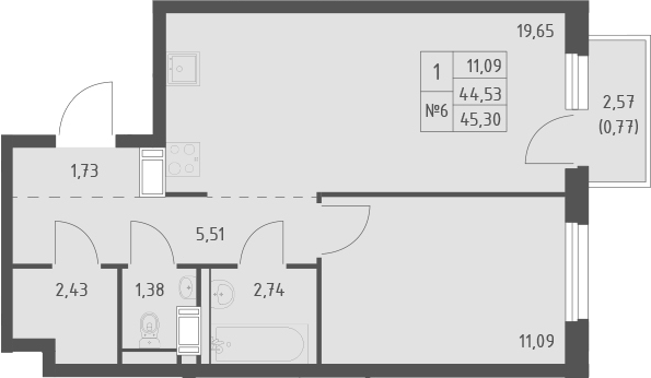 Планировка евродвушка (2Е) 45.3 м² в ЖК «Квартал Торики», корпус 1.2