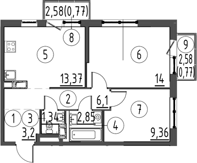 Планировка двухкомнатная 51.76 м² в ЖК «Квартал Торики», корпус 1.1