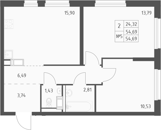 Планировка евротрёшка (3Е) 54.69 м² в ЖК «Квартал Торики», корпус 1.2
