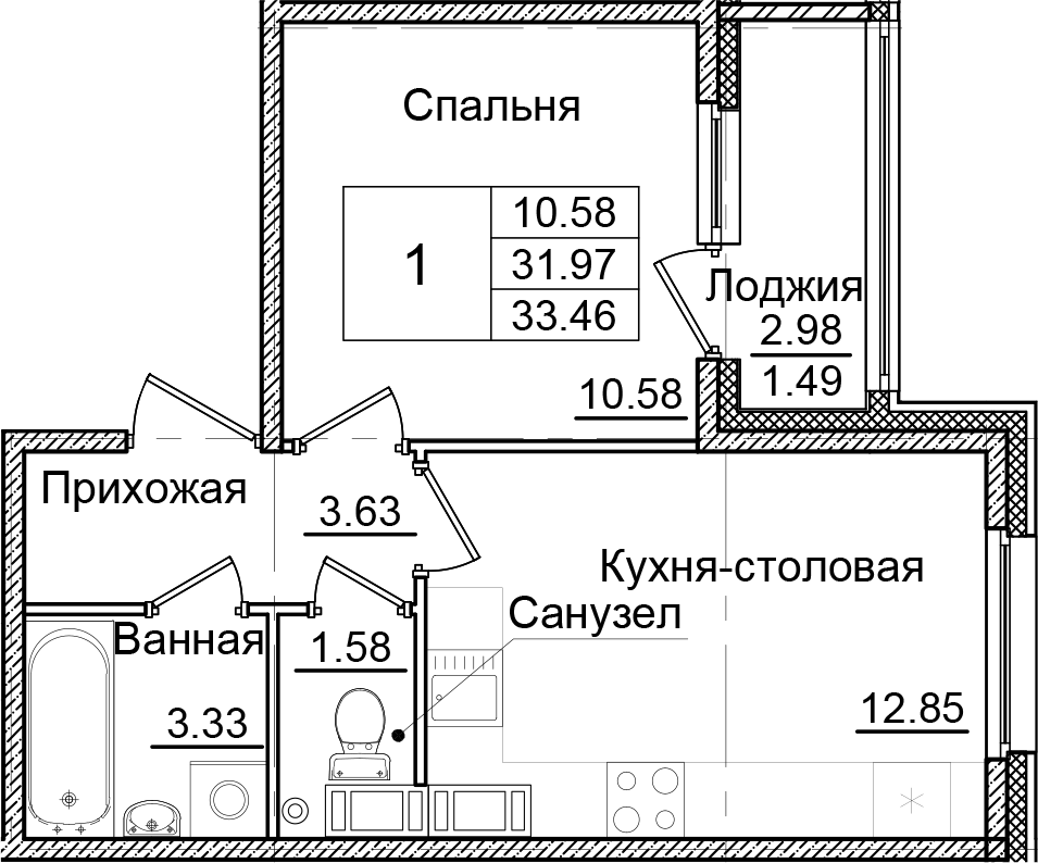Планировка однокомнатная 33.46 м² в ЖК «Квартал Заречье», корпус С