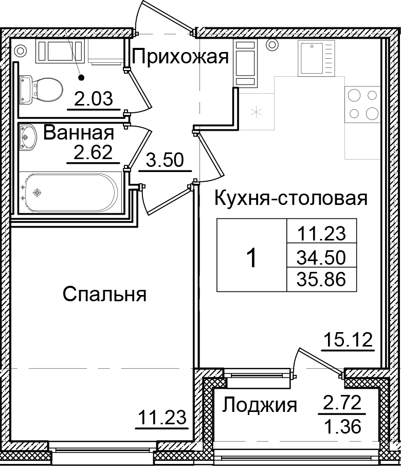 Планировка однокомнатная 35.86 м² в ЖК «Квартал Заречье», корпус С