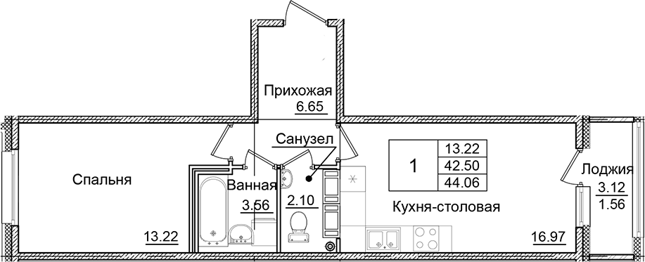 Планировка однокомнатная 44.06 м² в ЖК «Квартал Заречье», корпус А