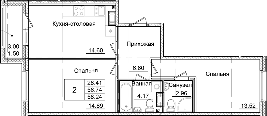 Планировка двухкомнатная 58.24 м² в ЖК «Квартал Заречье», корпус Б