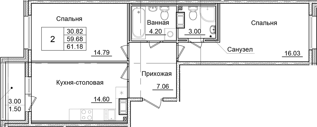 Планировка двухкомнатная 61.18 м² в ЖК «Квартал Заречье», корпус Б