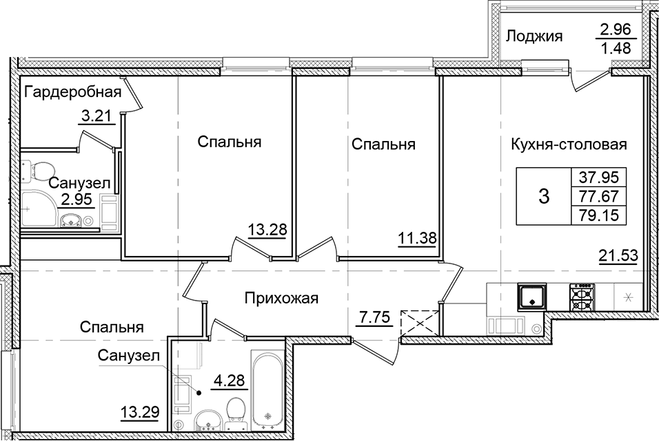 Планировка трёхкомнатная 79.15 м² в ЖК «Квартал Заречье», корпус Д