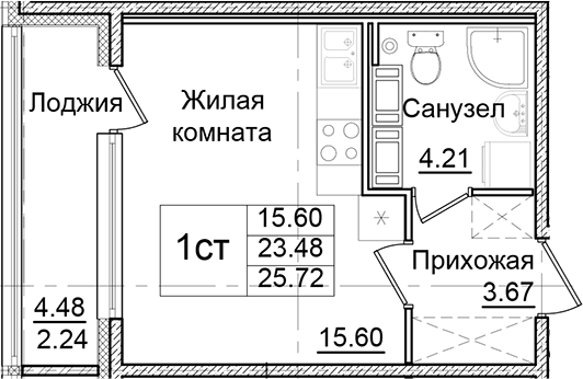 Планировка Студии 25.72 м² в ЖК «Квартал Заречье», корпус Д