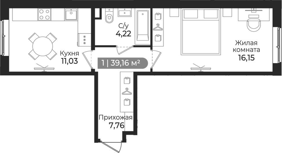 Планировка однокомнатная 39.16 м² в ЖК «Квинта», корпус 1