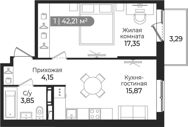 Планировка евродвушка (2Е) 42.21 м² в ЖК «Квинта», корпус 1