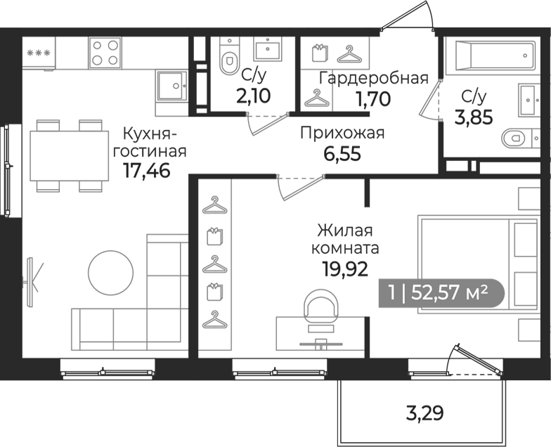 Планировка евродвушка (2Е) 52.57 м² в ЖК «Квинта», корпус 1