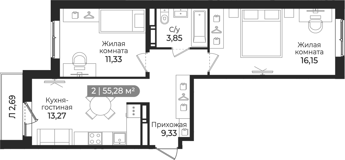 Планировка двухкомнатная 55.28 м² в ЖК «Квинта», корпус 1