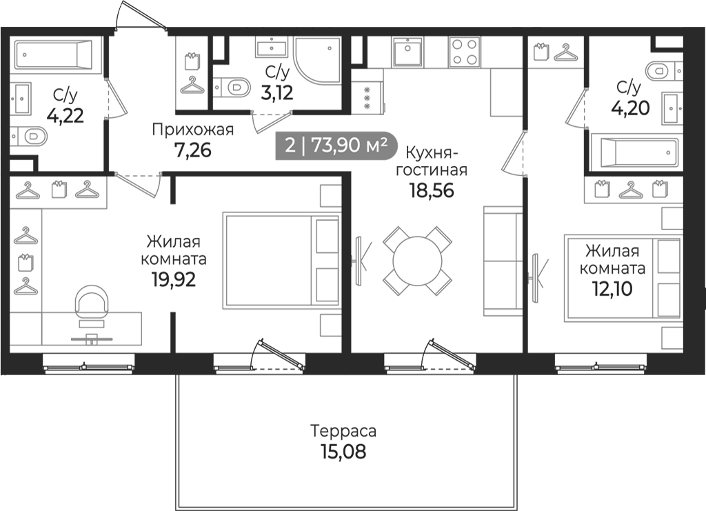 Планировка евротрёшка (3Е) 73.9 м² в ЖК «Квинта», корпус 1