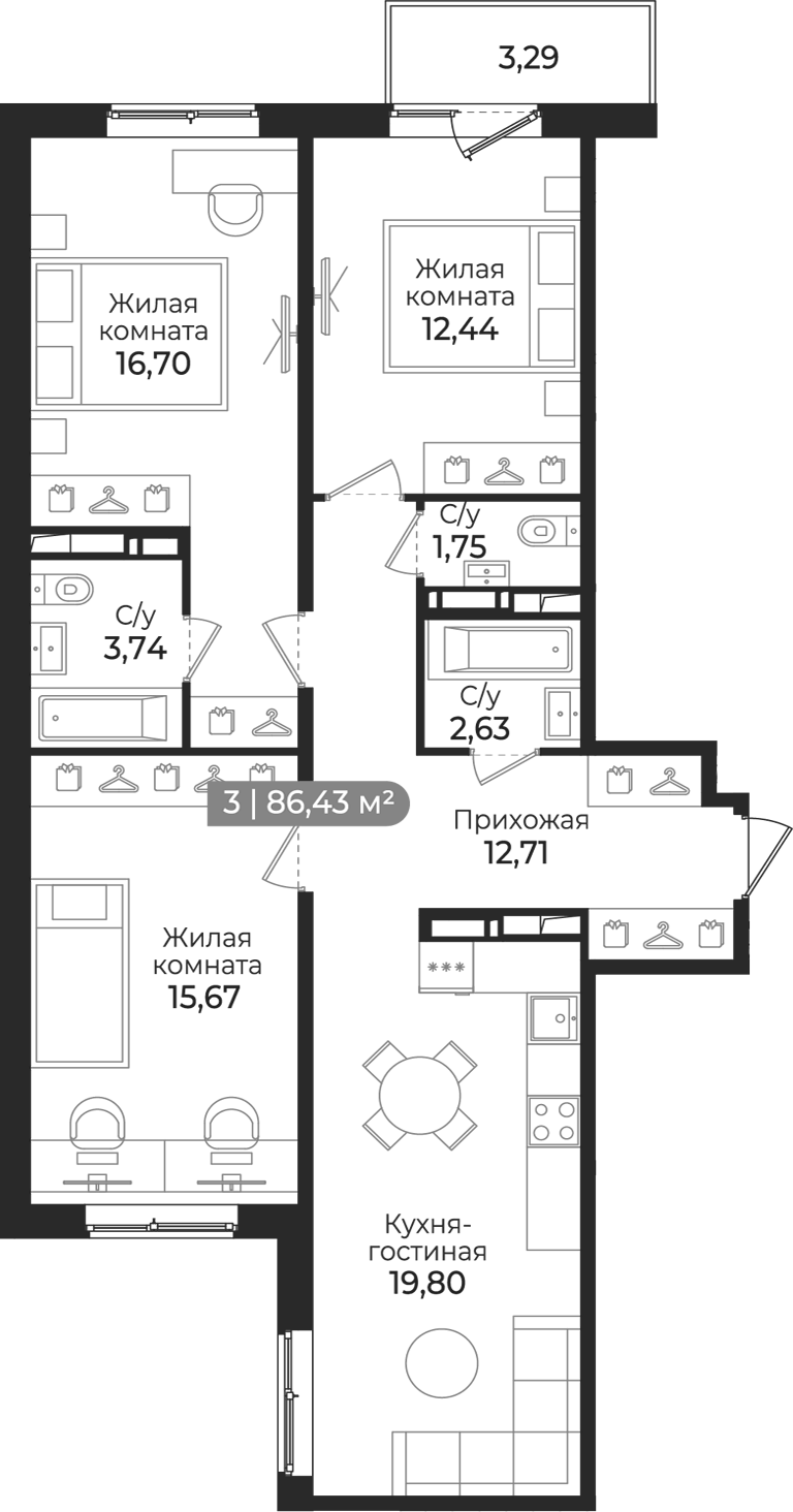 Планировка евро-4 (4Е) 86.43 м² в ЖК «Квинта», корпус 1