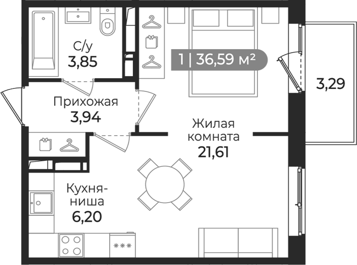 Планировка Студии 36.59 м² в ЖК «Квинта», корпус 1