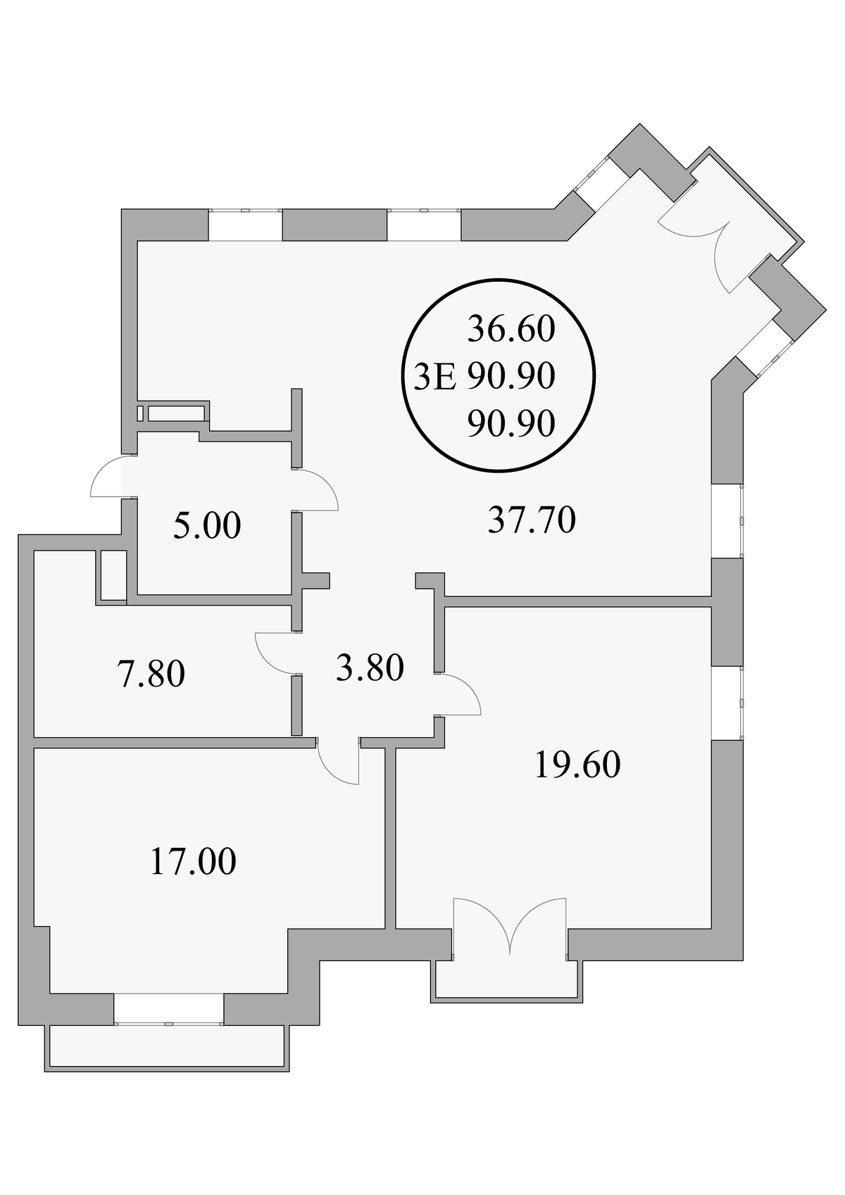Планировка евротрёшка (3Е) 91.4 м² в ЖК «Коттеджный поселок Ламбридж», корпус 1