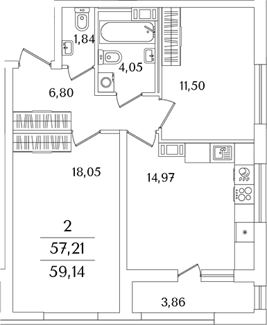 Планировка двухкомнатная 59 м² в ЖК «Лайнеръ», корпус 1