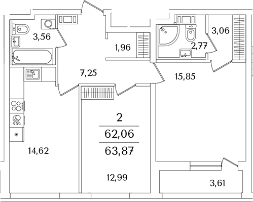 Планировка евротрёшка (3Е) 63.87 м² в ЖК «Лайнеръ», корпус 1