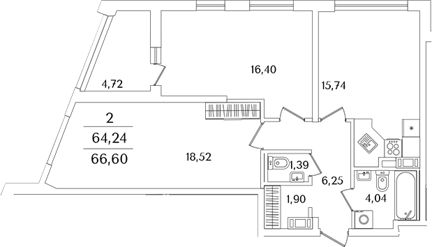 Планировка евротрёшка (3Е) 65.7 м² в ЖК «Лайнеръ», корпус 1