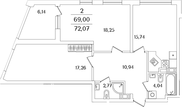 Планировка евротрёшка (3Е) 72 м² в ЖК «Лайнеръ», корпус 1