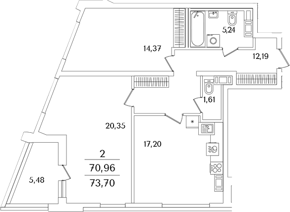 Планировка евротрёшка (3Е) 73.3 м² в ЖК «Лайнеръ», корпус 1