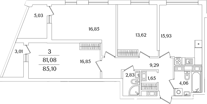 Планировка трёхкомнатная 83.6 м² в ЖК «Лайнеръ», корпус 1