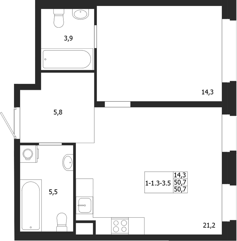 Планировка однокомнатная 50.7 м² в ЖК «ЛДМ», корпус 3
