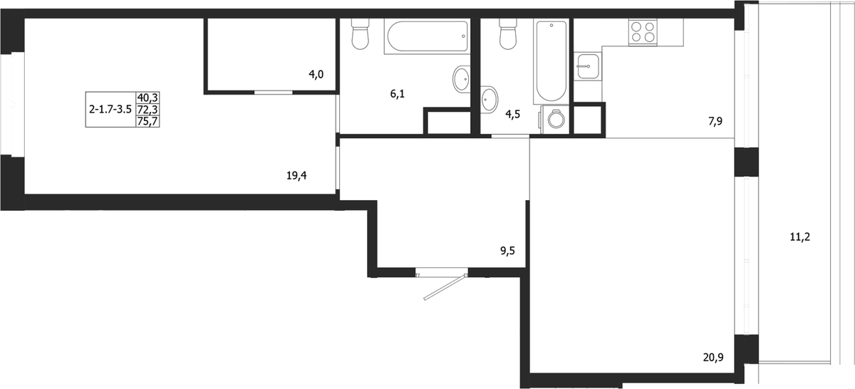 Планировка однокомнатная 75.7 м² в ЖК «ЛДМ», корпус 3