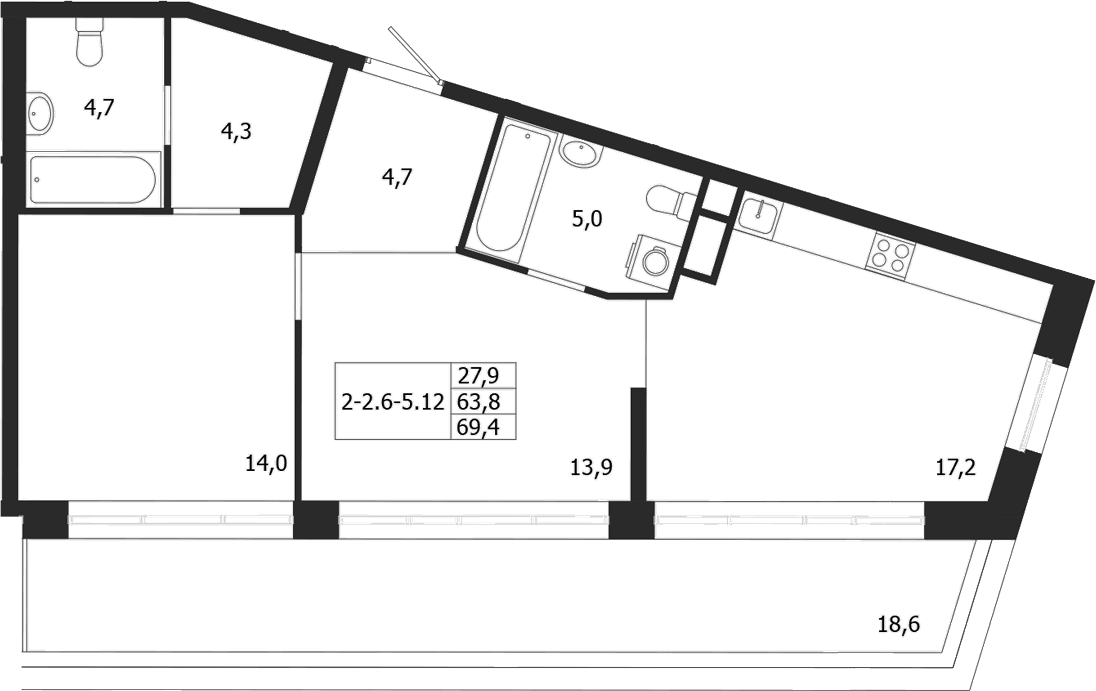 Планировка двухкомнатная 69.4 м² в ЖК «ЛДМ», корпус 5