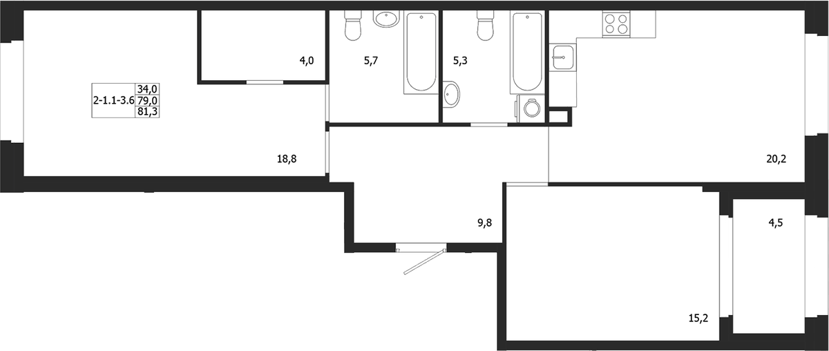 Планировка двухкомнатная 81.3 м² в ЖК «ЛДМ», корпус 3