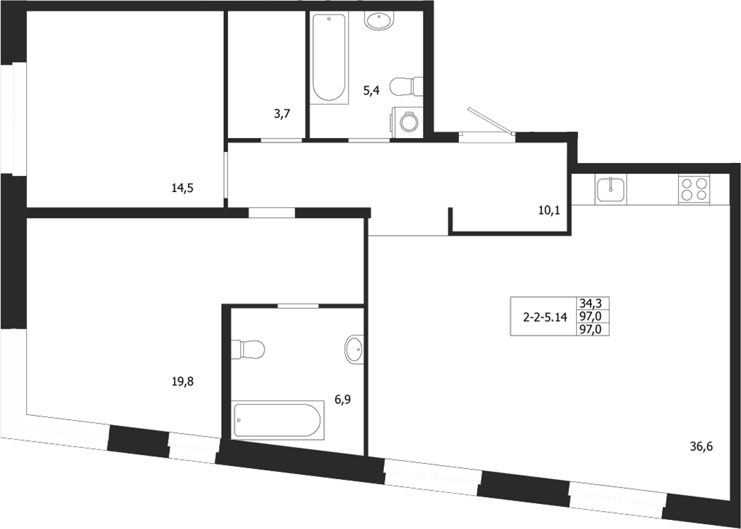 Планировка двухкомнатная 97 м² в ЖК «ЛДМ», корпус 5