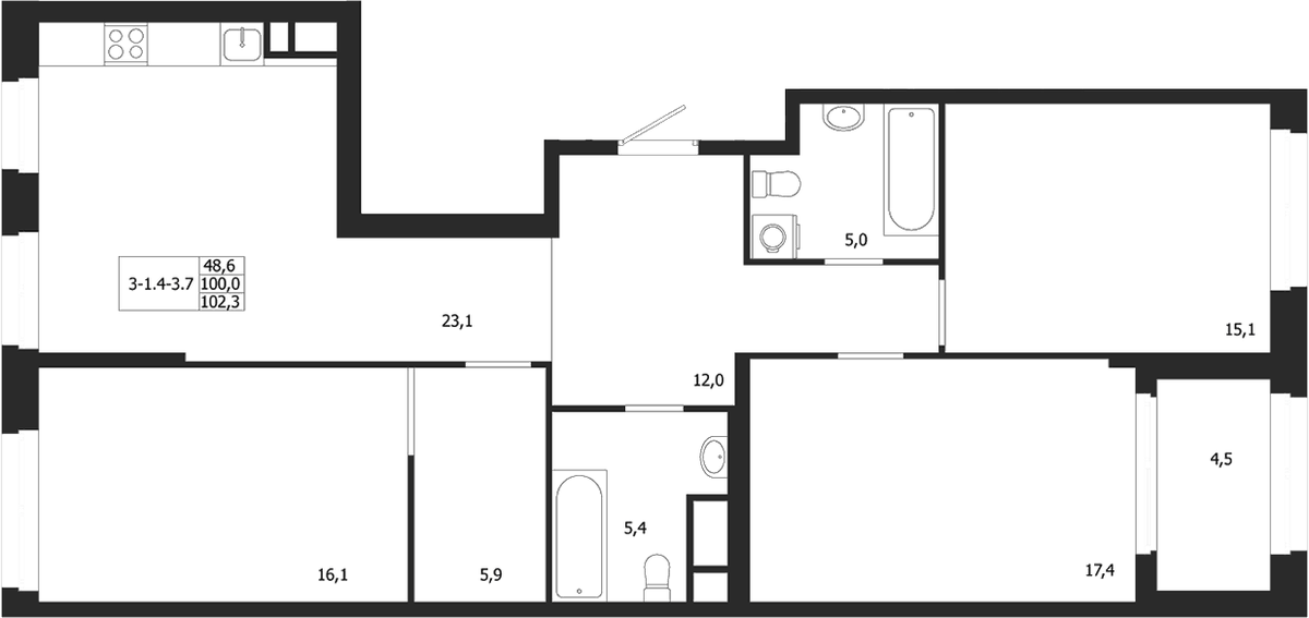 Планировка трёхкомнатная 102.3 м² в ЖК «ЛДМ», корпус 3