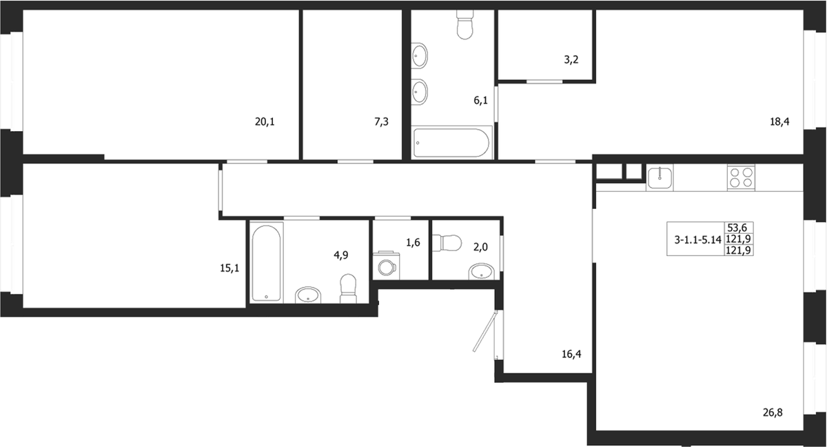 Планировка трёхкомнатная 121.9 м² в ЖК «ЛДМ», корпус 5