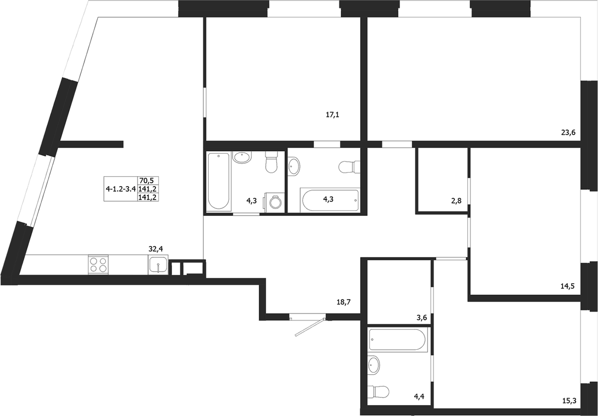 Планировка четырёхкомнатная 141.2 м² в ЖК «ЛДМ», корпус 3