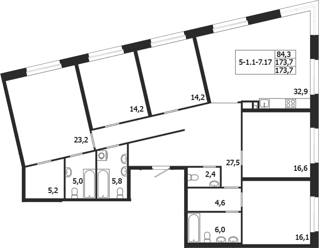 Планировка пятикомнатная 173.7 м² в ЖК «ЛДМ», корпус 7
