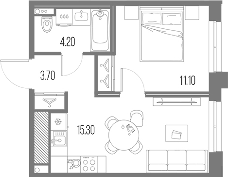 Планировка евродвушка (2Е) 34.3 м² в ЖК «Легенда на Охте», корпус 6