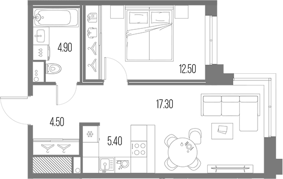Планировка евродвушка (2Е) 44.6 м² в ЖК «Легенда на Охте», корпус 5