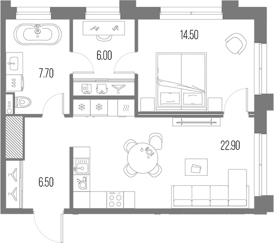 Планировка евродвушка (2Е) 57.6 м² в ЖК «Легенда на Охте», корпус 6
