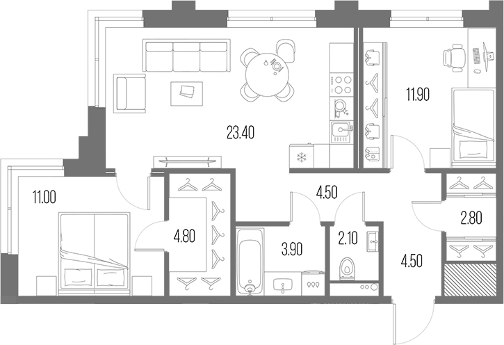 Планировка евротрёшка (3Е) 68.9 м² в ЖК «Легенда на Охте», корпус 6