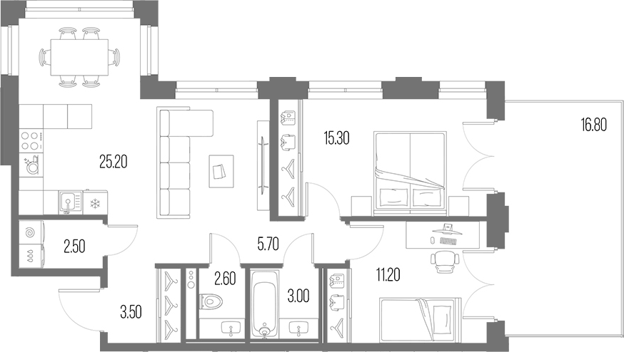 Планировка евротрёшка (3Е) 85.8 м² в ЖК «Легенда на Охте», корпус Р