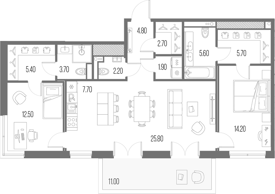 Планировка евротрёшка (3Е) 95.5 м² в ЖК «Легенда на Охте», корпус 5