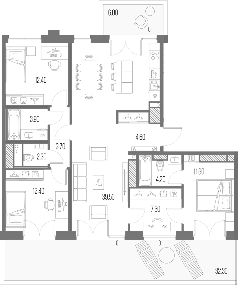 Планировка евро-4 (4Е) 140.2 м² в ЖК «Легенда на Охте», корпус В